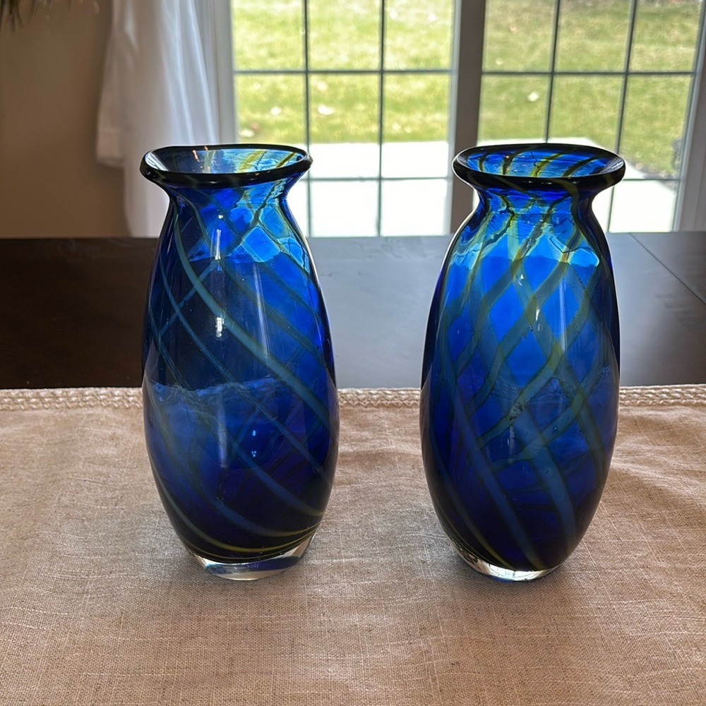 Matching Pair of Cobalt Blue Art Glass Vases Yellow / Green ribbon swirl heavy